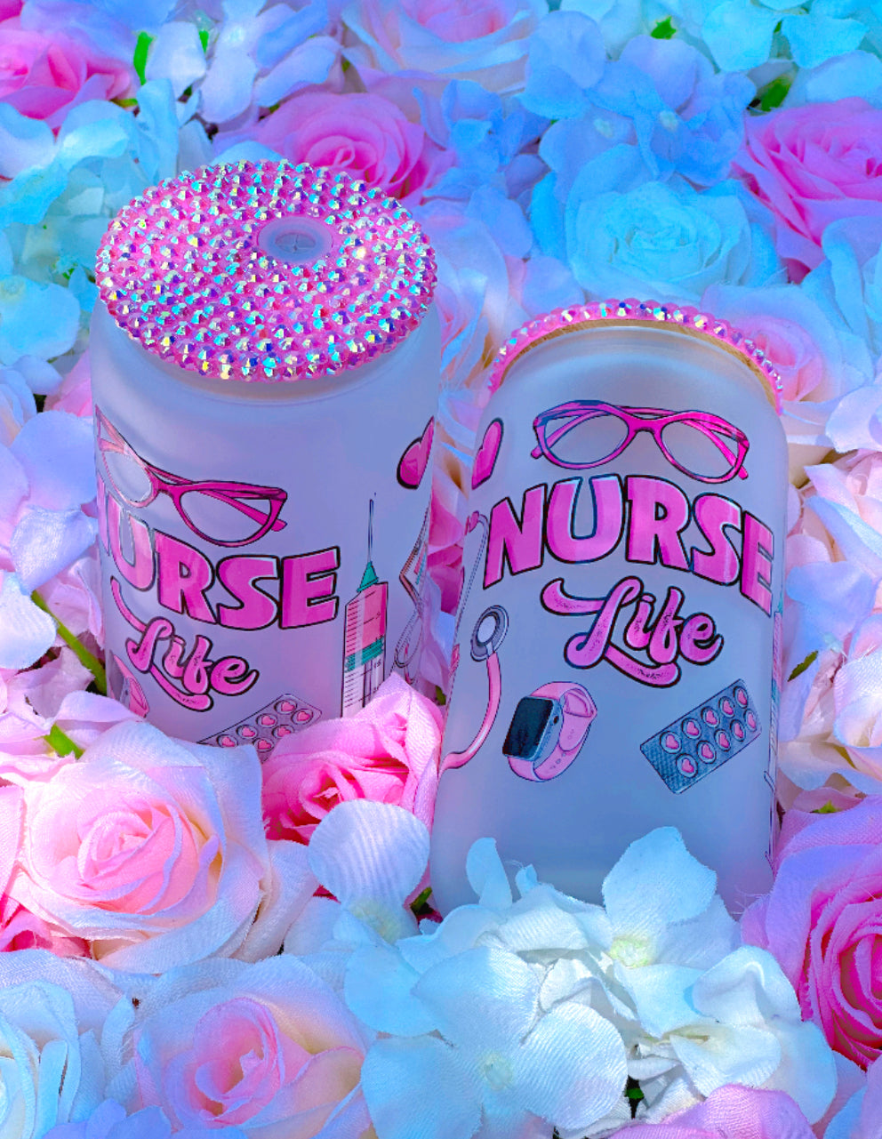 Pink Nurse Bling Lid Glass